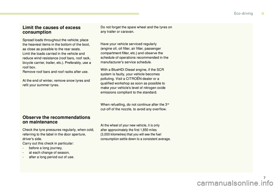 CITROEN C3 AIRCROSS 2017  Owners Manual 7
Limit the causes of excess 
consumption
Spread loads throughout the vehicle; place 
the heaviest items in the bottom of the boot, 
as close as possible to the rear seats.
Limit the loads carried in 