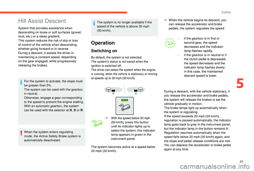 CITROEN C3 AIRCROSS 2017 Owners Manual 97
Hill Assist Descent
System that provides assistance when
descending on loose or soft sur faces (gravel,
mud, etc.) or a steep gradient.
This system reduces the risk of slip or loss
of control of CITROEN C3 AIRCROSS 2017 Owners Manual 97
Hill Assist Descent
System that provides assistance when
descending on loose or soft sur faces (gravel,
mud, etc.) or a steep gradient.
This system reduces the risk of slip or loss
of control of