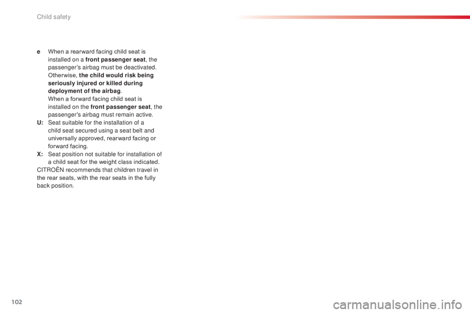 CITROEN C3 PICASSO 2017  Owners Manual 102
C3Picasso_en_Chap07_securite-enfants_ed01-2015
e When a rear ward facing child seat is installed on a front passenger seat , the 
passenger's airbag must be deactivated.
 O

therwise,  the chi