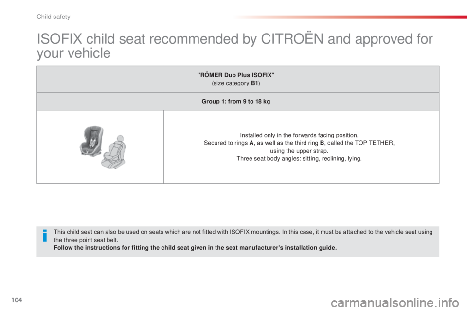 CITROEN C3 PICASSO 2017  Owners Manual 104
C3Picasso_en_Chap07_securite-enfants_ed01-2015
ISOFIX child seat recommended by CITROËN and approved for 
your vehicle
"RÖMER Duo Plus ISOFIX" 
(size category B1 )
Group 1: from 9 to 18 
