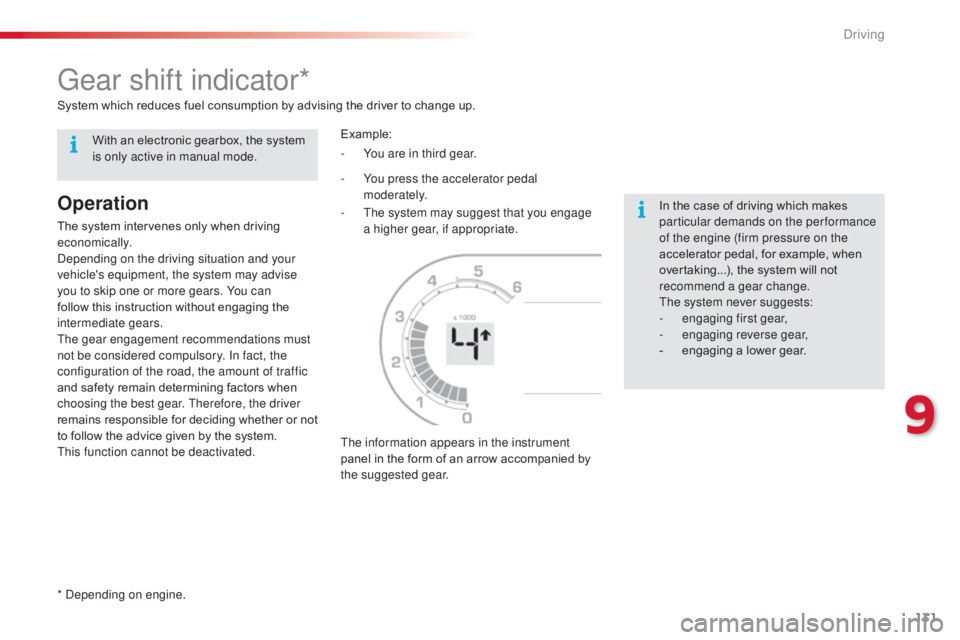 CITROEN C3 PICASSO 2017 Owners Manual 131
C3Picasso_en_Chap09_conduite_ed01-2015
Gear shift indicator*
Operation
The system intervenes only when driving
economically.
Depending on the driving situation and your
vehicle's equipment, CITROEN C3 PICASSO 2017 Owners Manual 131
C3Picasso_en_Chap09_conduite_ed01-2015
Gear shift indicator*
Operation
The system intervenes only when driving
economically.
Depending on the driving situation and your
vehicle's equipment,