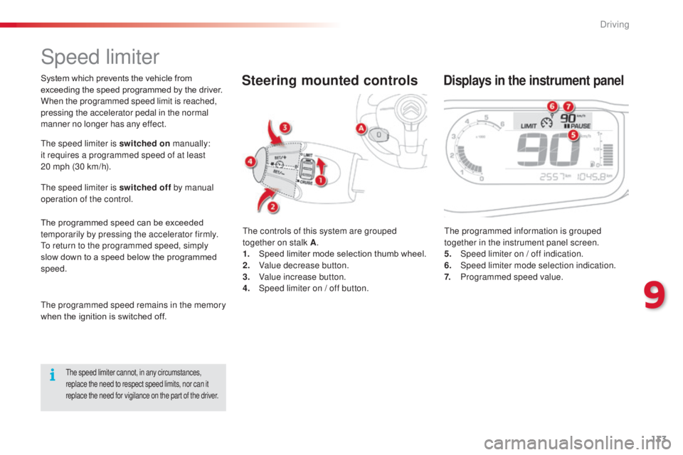 CITROEN C3 PICASSO 2017 Owners Manual 133
C3Picasso_en_Chap09_conduite_ed01-2015
Speed limiter
The controls of this system are grouped
together on stalk A.
1.
S
peed limiter mode selection thumb wheel.
2.
V
alue decrease button.
3.
CITROEN C3 PICASSO 2017 Owners Manual 133
C3Picasso_en_Chap09_conduite_ed01-2015
Speed limiter
The controls of this system are grouped
together on stalk A.
1.
S
peed limiter mode selection thumb wheel.
2.
V
alue decrease button.
3.