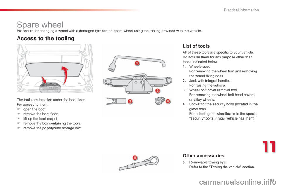 CITROEN C3 PICASSO 2017 Owners Manual 155
C3Picasso_en_Chap11_informations-pratiques_ed01-2015
Spare wheel
The tools are installed under the boot floor.
For access to them:
F
o
pen the boot,
F
r
emove the boot floor,
F
l
ift up th CITROEN C3 PICASSO 2017 Owners Manual 155
C3Picasso_en_Chap11_informations-pratiques_ed01-2015
Spare wheel
The tools are installed under the boot floor.
For access to them:
F
o
pen the boot,
F
r
emove the boot floor,
F
l
ift up th