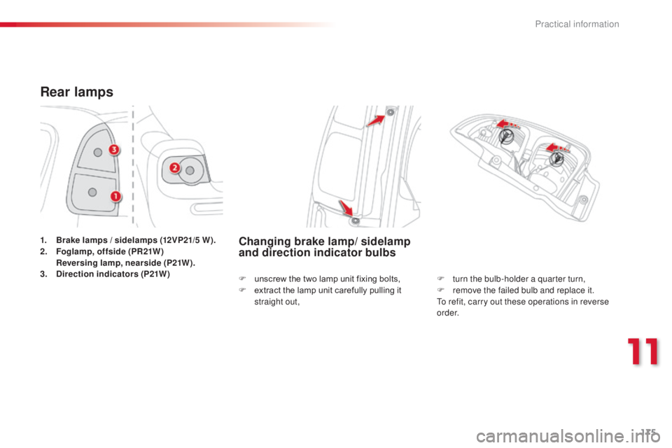 CITROEN C3 PICASSO 2017  Owners Manual 175
C3Picasso_en_Chap11_informations-pratiques_ed01-2015
Rear lamps
1. Brake lamps / sidelamps (12VP21/5 W).
2. Foglamp, offside (PR21W) 
 R

eversing lamp, nearside (P21W).
3.
 D

irection indicators