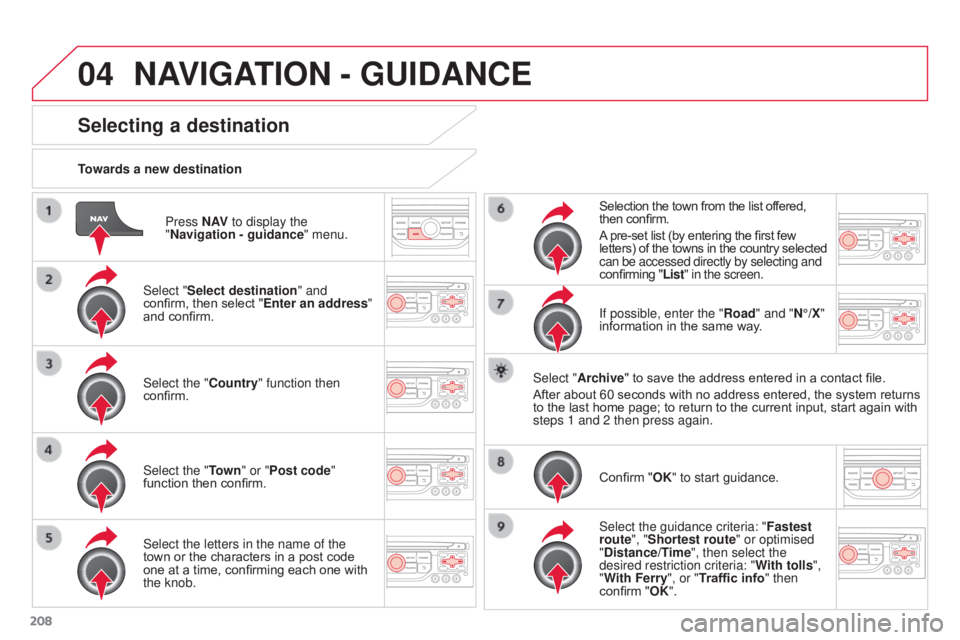 CITROEN C3 PICASSO 2017 Owners Guide 04
208
C3Picasso_en_Chap13a_RT6-2-8_ed01-2015
Press N AV to display the
"Navigation - guidance " menu.
Towards a new destination
Selecting a destination
Select "Select destination" an CITROEN C3 PICASSO 2017 Owners Guide 04
208
C3Picasso_en_Chap13a_RT6-2-8_ed01-2015
Press N AV to display the
"Navigation - guidance " menu.
Towards a new destination
Selecting a destination
Select "Select destination" an