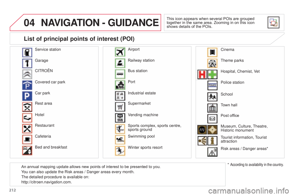 CITROEN C3 PICASSO 2017 Service Manual 04
212
C3Picasso_en_Chap13a_RT6-2-8_ed01-2015
NAVIGATION - GUIDANCE
This icon appears when several POIs are grouped
together in the same area. Zooming in on this icon
shows details of the POIs.
Serv CITROEN C3 PICASSO 2017 Service Manual 04
212
C3Picasso_en_Chap13a_RT6-2-8_ed01-2015
NAVIGATION - GUIDANCE
This icon appears when several POIs are grouped
together in the same area. Zooming in on this icon
shows details of the POIs.
Serv