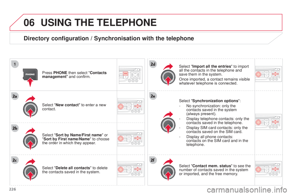 CITROEN C3 PICASSO 2017  Owners Manual 06
226
C3Picasso_en_Chap13a_RT6-2-8_ed01-2015
USING THE TELEPHONE
Directory configuration / Synchronisation with the telephone
Press PHONE then select "Contacts 
management" and confirm.
Selec