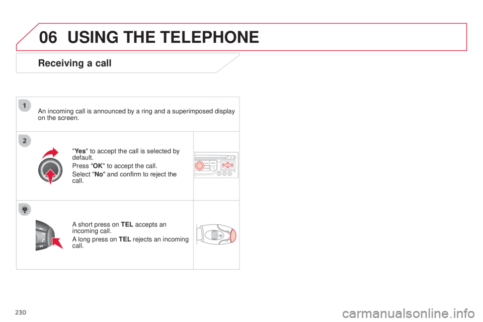 CITROEN C3 PICASSO 2017  Owners Manual 06
230
C3Picasso_en_Chap13a_RT6-2-8_ed01-2015
USING THE TELEPHONE
Receiving a call
An incoming call is announced by a ring and a superimposed display 
on the screen."Ye s" to accept the call i