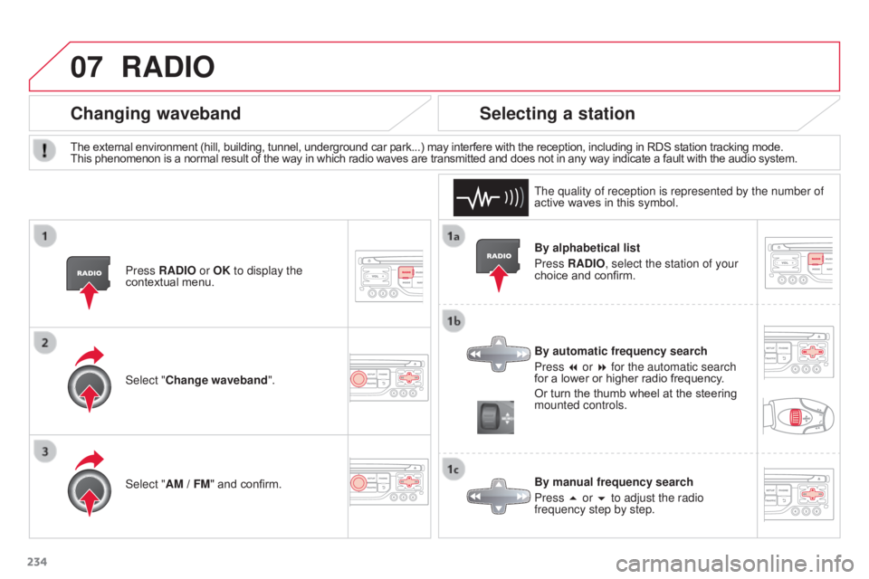 CITROEN C3 PICASSO 2017  Owners Manual 07
234
C3Picasso_en_Chap13a_RT6-2-8_ed01-2015
By alphabetical list
Press RADIO, select the station of your 
choice and confirm.
By automatic frequency search
Press 7 or 8 for the automatic search 
for