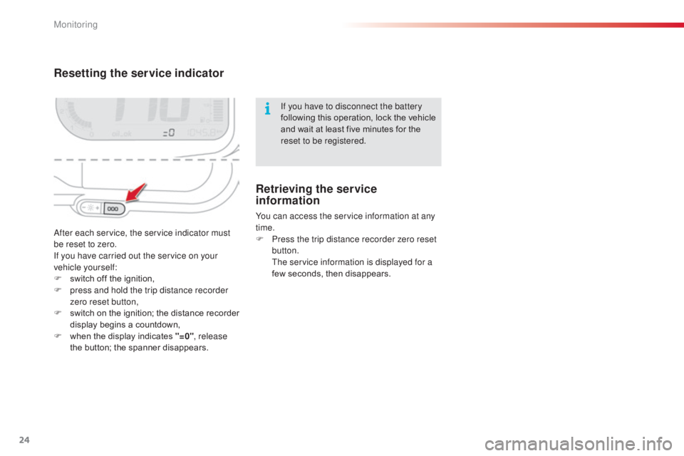 CITROEN C3 PICASSO 2017  Owners Manual 24
C3Picasso_en_Chap01_controle-de-marche_ed01-2015
Resetting the service indicator
After each service, the service indicator must 
be reset to zero.
If you have carried out the service on your 
vehic