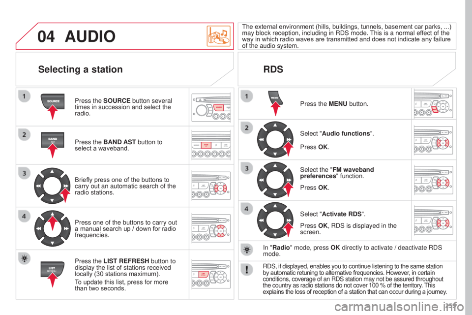 CITROEN C3 PICASSO 2017 Owners Manual 04
259
C3PICASSO_EN_CHAP13B_RD45_ED01_2015
AUDIO
Press the SOURCE button several
times in succession and select the
radio.
Press the BAND AST button to
select a waveband.
Briefly press one of the b CITROEN C3 PICASSO 2017 Owners Manual 04
259
C3PICASSO_EN_CHAP13B_RD45_ED01_2015
AUDIO
Press the SOURCE button several
times in succession and select the
radio.
Press the BAND AST button to
select a waveband.
Briefly press one of the b