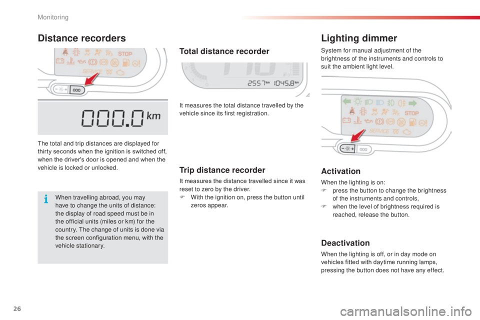 CITROEN C3 PICASSO 2017  Owners Manual 26
C3Picasso_en_Chap01_controle-de-marche_ed01-2015
Distance recordersLighting dimmer
The total and trip distances are displayed for 
thirty seconds when the ignition is switched off, 
when the driver