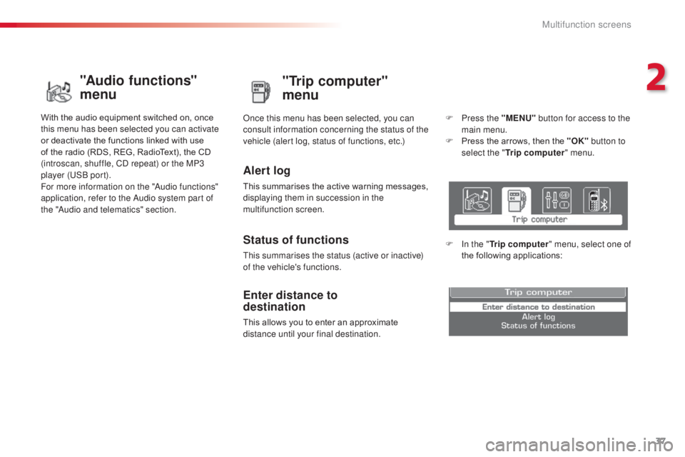 CITROEN C3 PICASSO 2017 Owners Manual 37
C3Picasso_en_Chap02_ecran-multifonction_ed01-2015
"Trip computer"
menu
Alert log
This summarises the active warning messages,
displaying them in succession in the
multifunction screen. CITROEN C3 PICASSO 2017 Owners Manual 37
C3Picasso_en_Chap02_ecran-multifonction_ed01-2015
"Trip computer"
menu
Alert log
This summarises the active warning messages,
displaying them in succession in the
multifunction screen.