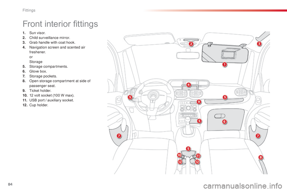 CITROEN C3 PICASSO 2017 Manual Online 84
C3Picasso_en_Chap06_amenagement_ed01-2015
Front interior fittings
1. Sun visor.
2. Child surveillance mirror.
3.
 G

rab handle with coat hook.
4.
 N

avigation screen and scented air 
freshener.
 