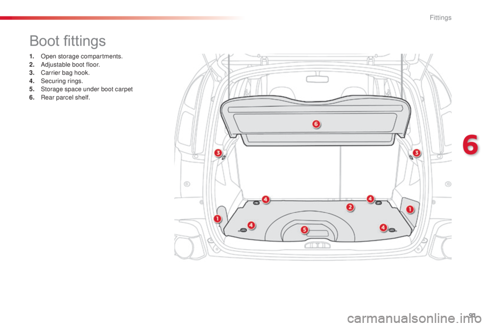 CITROEN C3 PICASSO 2017  Owners Manual 91
C3Picasso_en_Chap06_amenagement_ed01-2015
Boot fittings
1. Open storage compartments.
2. Adjustable boot floor.
3.
 Ca

rrier bag hook.
4.
 S

ecuring rings.
5.
 S

torage space under boot carpet
6