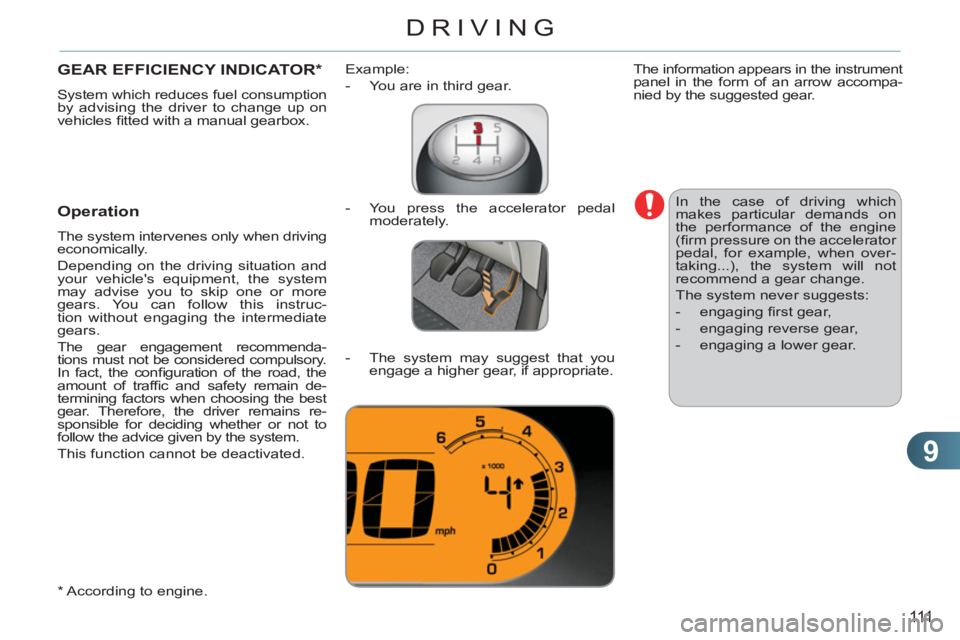 CITROEN C3 PICASSO 2011 Owners Guide 9
111
DRIVING
GEAR EFFICIENCY INDICATOR *
 
System which reduces fuel consumption by advising the driver to change up on 
vehicles ﬁ tted with a manual gearbox. 
 
 
Operation
 
The system intervene