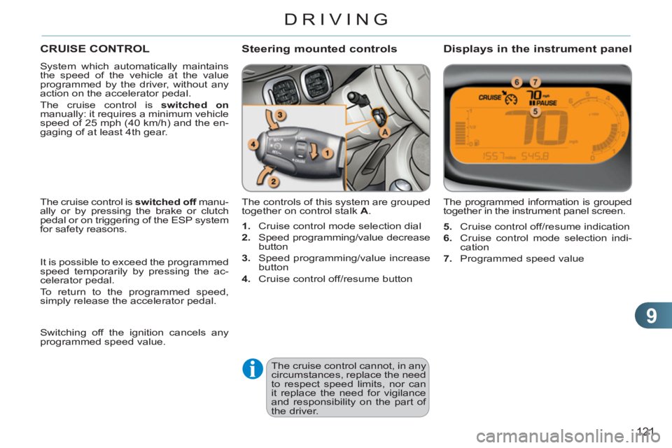 CITROEN C3 PICASSO 2011 Owners Manual 9
121
DRIVING
CRUISE CONTROL
System which automatically maintains
the speed of the vehicle at the value
programmed by the driver, without any
action on the accelerator pedal.
The cruise contro CITROEN C3 PICASSO 2011 Owners Manual 9
121
DRIVING
CRUISE CONTROL
System which automatically maintains
the speed of the vehicle at the value
programmed by the driver, without any
action on the accelerator pedal.
The cruise contro