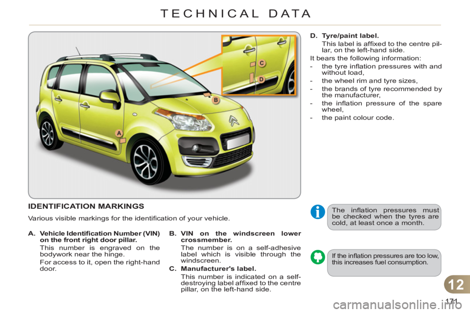 CITROEN C3 PICASSO 2011  Owners Manual 12
171
TECHNICAL DATA
IDENTIFICATION MARKINGS 
  Various visible markings for the identiﬁ cation of your vehicle.  
 
If the inﬂ ation pressures are too low, 
this increases fuel consumption.  
 
