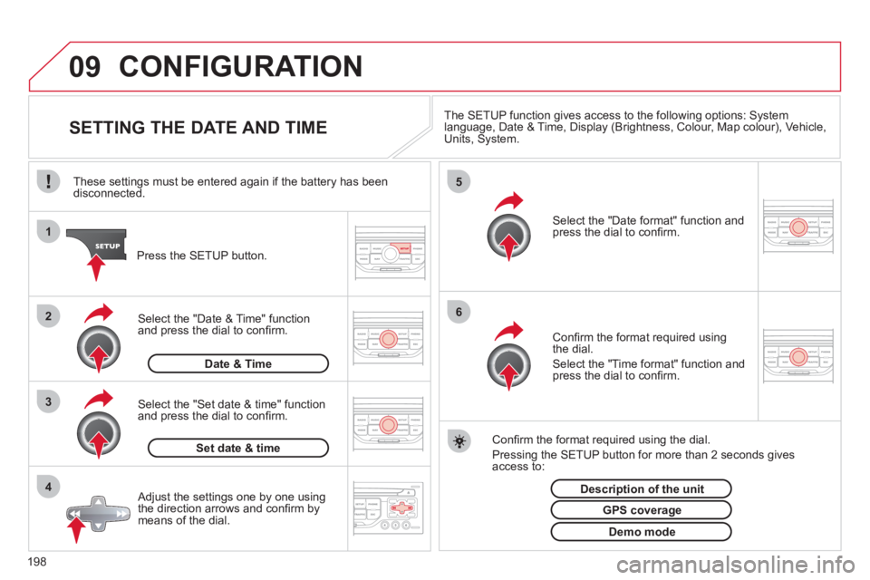 CITROEN C3 PICASSO 2011  Owners Manual 198
09
4 3 2 1
65
CONFIGURATION 
   
 
 
 
 
 
 
 
 
 
 
 
 
 
 
SETTING THE DATE AND TIME The SETUP function gives access to the following options: Systemlanguage, Date & Time, Display (Brightness, C