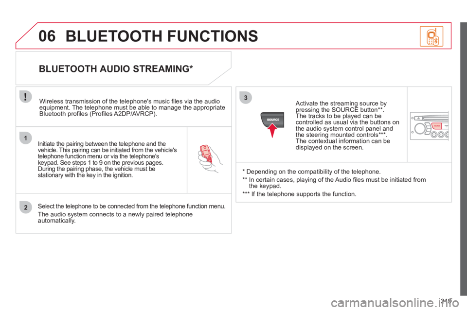 CITROEN C3 PICASSO 2011 Owners Manual 219
1
2
3
SOURCE
06
Initiate the pairing between the telephone and the
vehicle. This pairing can be initiated from the vehicles
telephone function menu or via the telephones
ke
ypad. See steps 1 CITROEN C3 PICASSO 2011 Owners Manual 219
1
2
3
SOURCE
06
Initiate the pairing between the telephone and the
vehicle. This pairing can be initiated from the vehicles
telephone function menu or via the telephones
ke
ypad. See steps 1