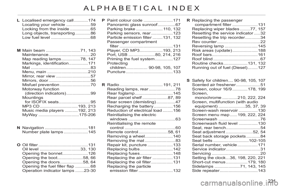 CITROEN C3 PICASSO 2011  Owners Manual 231
ALPHABETICAL INDEX
P  Paint colour code .......................171
  Panoramic glass sunroof ..............67
  Parking brake ..................... 110, 132
  Parking sensors, rear ...............