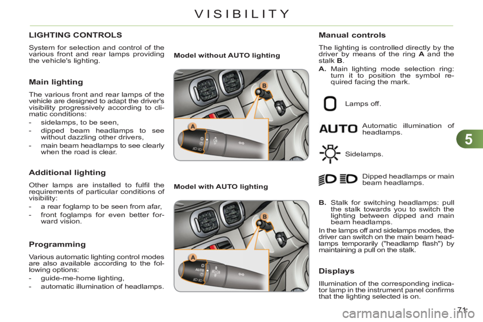 CITROEN C3 PICASSO 2011  Owners Manual 5
71
VISIBILITY
LIGHTING CONTROLS
  System for selection and control of the 
various front and rear lamps providing 
the vehicles lighting. 
   Main lighting 
 
The various front and rear lamps of th