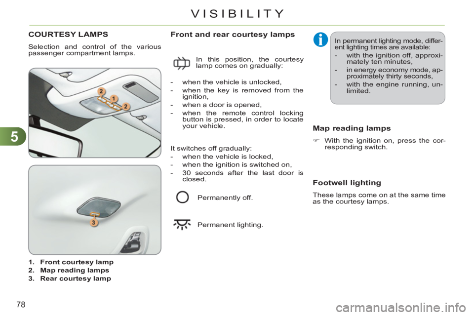 CITROEN C3 PICASSO 2011 User Guide 5
78
VISIBILITY
COURTESY LAMPS
  Selection and control of the various 
passenger compartment lamps. 
   
 
1. 
  Front courtesy lamp 
 
   
2. 
  Map reading lamps 
 
   
3. 
  Rear courtesy lamp 
 
 