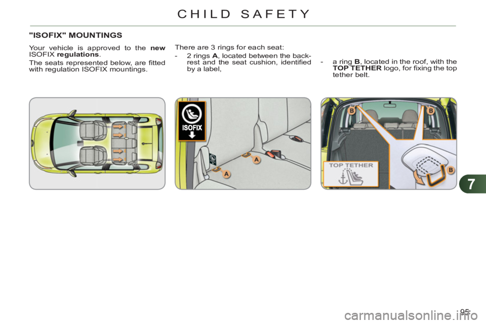 CITROEN C3 PICASSO 2011  Owners Manual 7
95
CHILD SAFETY
"ISOFIX" MOUNTINGS
  Your vehicle is approved to the  new 
  ISOFIX  regulations 
. 
  The seats represented below, are ﬁ tted 
with regulation ISOFIX mountings.   There are 3 ring