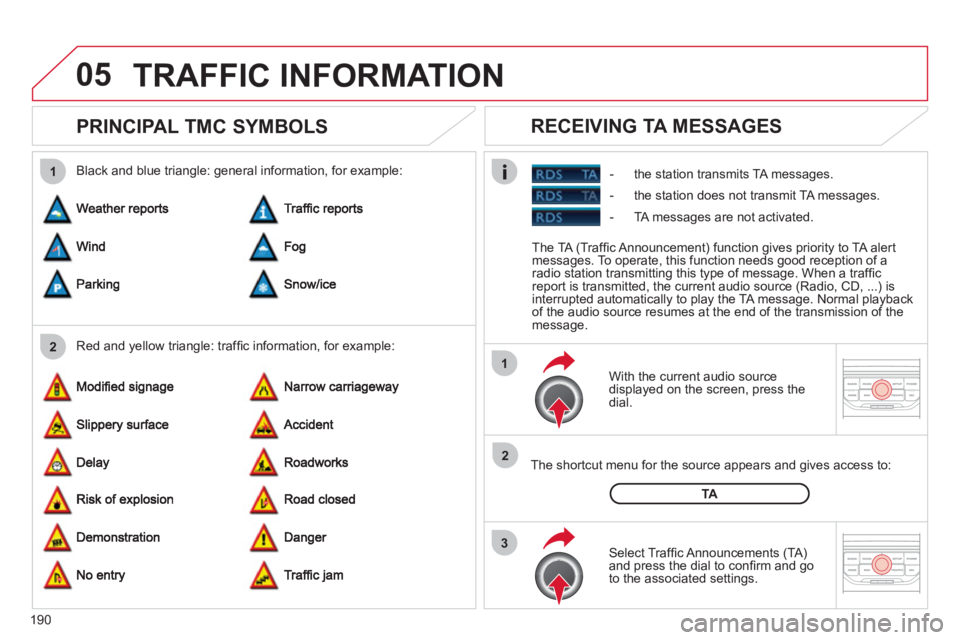 CITROEN C3 PICASSO 2010 Owners Guide 190
05
2 1
3
2 1
PRINCIPAL TMC SYMBOLS
With the current audio source
displayed on the screen, press the
dial.
The shortcut menu
for the source appears and gives access to:
CITROEN C3 PICASSO 2010 Owners Guide 190
05
2 1
3
2 1
PRINCIPAL TMC SYMBOLS
With the current audio source
displayed on the screen, press the
dial.
The shortcut menu
for the source appears and gives access to: