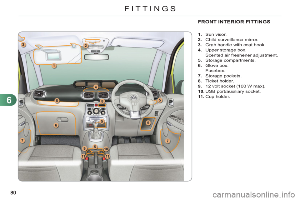 CITROEN C3 PICASSO 2010 Owners Manual 6
FITTINGS
FRONT INTERIOR FITTINGS
1.
Sun visor.
2.
Child surveillance mirror.
3.
Grab handle with coat hook.
4.
Upper storage box.
Scented air freshener adjustme CITROEN C3 PICASSO 2010 Owners Manual 6
FITTINGS
FRONT INTERIOR FITTINGS
1.
Sun visor.
2.
Child surveillance mirror.
3.
Grab handle with coat hook.
4.
Upper storage box.
Scented air freshener adjustme