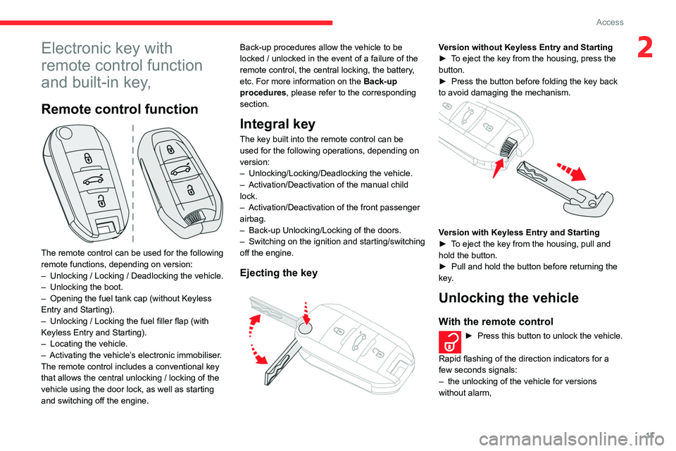 CITROEN C4 CACTUS 2023  Owners Manual 17
Access
2Electronic key with 
remote control function 
and built-in key,
Remote control function 
 
The remote control can be used for the following 
remote functions, depending on version:
– 
Unl