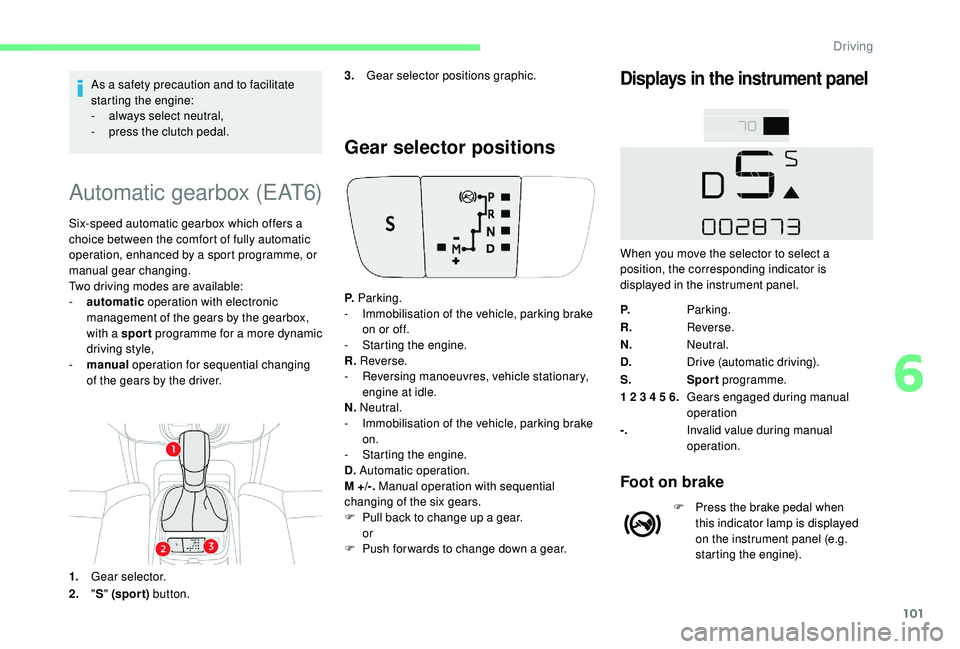 CITROEN C4 CACTUS 2021  Owners Manual 101
As a safety precaution and to facilitate 
starting the engine:
- 
a
 lways select neutral,
-
 
p
 ress the clutch pedal.
Automatic gearbox (EAT6)
Six-speed automatic gearbox which offers a 
choice
