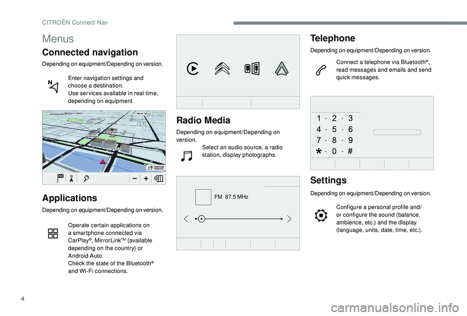 CITROEN C4 CACTUS 2021 Owners Manual 4
FM 87.5 MHz
Radio Media
Depending on equipment/Depending on
version.Select an audio source, a radio
station, display photographs.
Telephone
Depending on equipment/Depending on version.
Connect a CITROEN C4 CACTUS 2021 Owners Manual 4
FM 87.5 MHz
Radio Media
Depending on equipment/Depending on
version.Select an audio source, a radio
station, display photographs.
Telephone
Depending on equipment/Depending on version.
Connect a