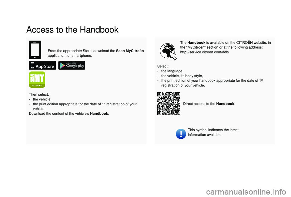 CITROEN C4 CACTUS 2017 Owners Manual Access to the Handbook
The Handbook is available on the CITROËN website, in
the "MyCitroën" section or at the following address:
http://service.citroen.com/ddb/
This symbol indicates the la CITROEN C4 CACTUS 2017 Owners Manual Access to the Handbook
The Handbook is available on the CITROËN website, in
the "MyCitroën" section or at the following address:
http://service.citroen.com/ddb/
This symbol indicates the la