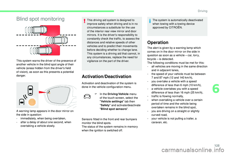 CITROEN C4 CACTUS 2017 Owners Manual 123
Blind spot monitoring
This system warns the driver of the presence of
another vehicle in the blind spot angle of their
vehicle (areas hidden from the driver's field
of vision), as soon as t CITROEN C4 CACTUS 2017 Owners Manual 123
Blind spot monitoring
This system warns the driver of the presence of
another vehicle in the blind spot angle of their
vehicle (areas hidden from the driver's field
of vision), as soon as t