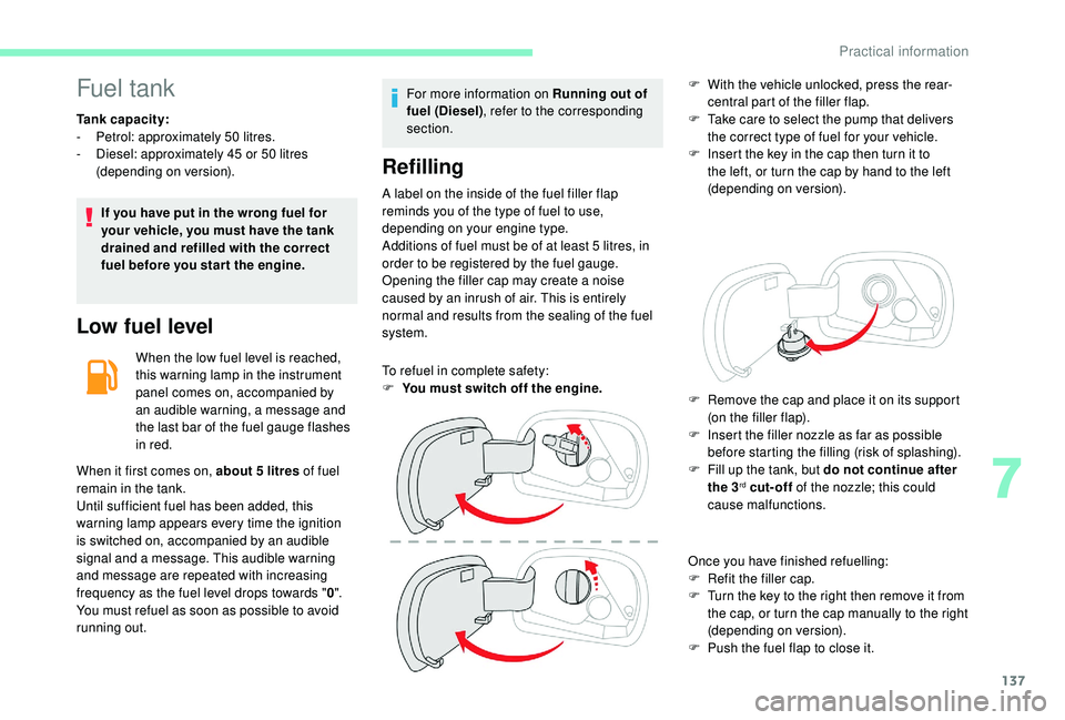 CITROEN C4 CACTUS 2017 Owners Manual 137
Fuel tank
Tank capacity:
- Pe trol: approximately 50 litres.
-
D
iesel: approximately 45 or 50 litres
(depending on version).
If you have put in the wrong fuel for
your vehicle, you must have CITROEN C4 CACTUS 2017 Owners Manual 137
Fuel tank
Tank capacity:
- Pe trol: approximately 50 litres.
-
D
iesel: approximately 45 or 50 litres
(depending on version).
If you have put in the wrong fuel for
your vehicle, you must have