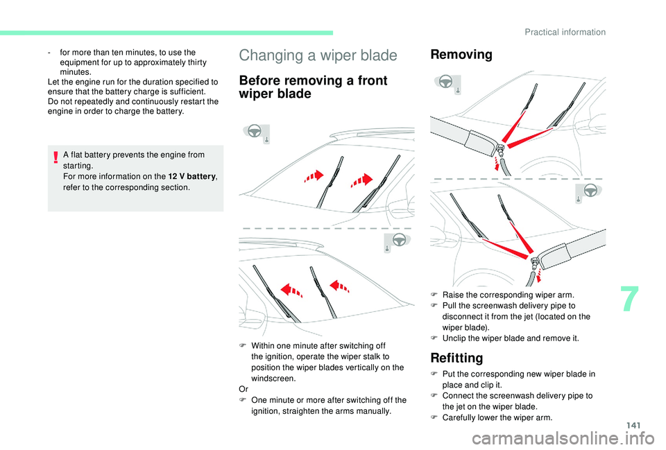 CITROEN C4 CACTUS 2017  Owners Manual 141
A flat battery prevents the engine from 
starting.
For more information on the 12 V batter y, 
refer to the corresponding section.
-
 
f

or more than ten minutes, to use the 
equipment for up to 