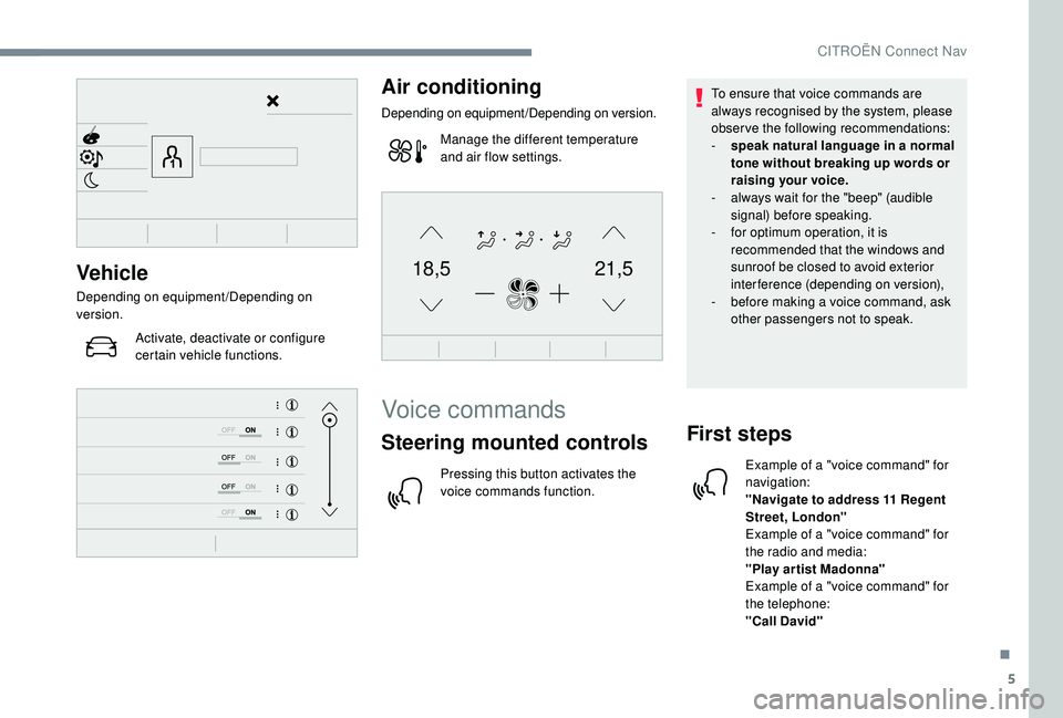 CITROEN C4 CACTUS 2017 Owners Manual 5
21,518,5Vehicle
Depending on equipment/Depending on
version.Activate, deactivate or configure
certain vehicle functions.
Air conditioning
Depending on equipment/Depending on version.
Manage the di CITROEN C4 CACTUS 2017 Owners Manual 5
21,518,5Vehicle
Depending on equipment/Depending on
version.Activate, deactivate or configure
certain vehicle functions.
Air conditioning
Depending on equipment/Depending on version.
Manage the di
