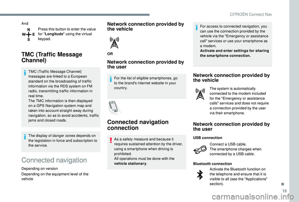 CITROEN C4 CACTUS 2017 Owners Manual 15
AndPress this button to enter the value
for "Longitude " using the virtual
keypad.
TMC (Traffic Message
Channel)
TMC (Traffic Message Channel)
messages are linked to a European
standar CITROEN C4 CACTUS 2017 Owners Manual 15
AndPress this button to enter the value
for "Longitude " using the virtual
keypad.
TMC (Traffic Message
Channel)
TMC (Traffic Message Channel)
messages are linked to a European
standar
