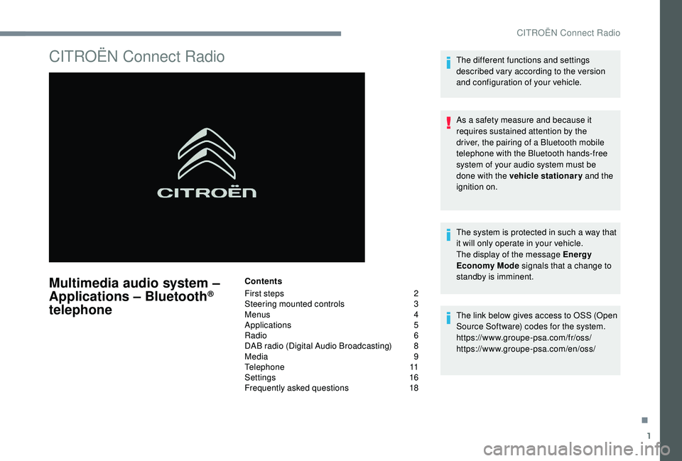 CITROEN C4 CACTUS 2017 Manual Online 1
CITROËN Connect Radio
Multimedia audio system – 
Applications – Bluetooth® 
telephone
Contents
First steps 
 
2
S

teering mounted controls   
3
M

enus   
4
A

pplications   
5
R

adio   
6
D
