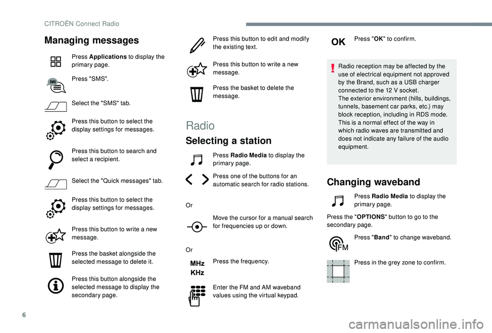 CITROEN C4 CACTUS 2017 Manual Online 6
Managing messages
Press Applications to display the 
primary page.
Press "SMS".
Select the "SMS" tab.
Press this button to select the 
display settings for messages.
Press this butto