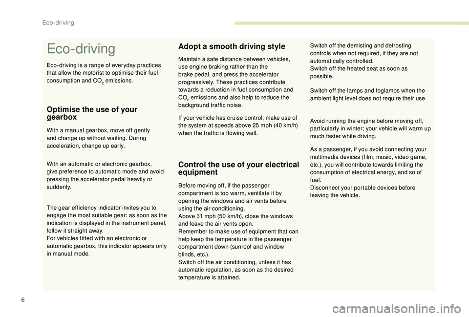 CITROEN C4 CACTUS 2017  Owners Manual 6
Eco- driving
Optimise the use of your 
gearbox
With a manual gearbox, move off gently 
and change up without waiting. During 
acceleration, change up early.
With an automatic or electronic gearbox, 