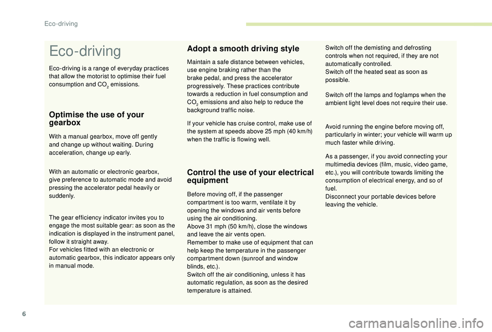 CITROEN C4 CACTUS 2017  Owners Manual 6
Eco- driving
Optimise the use of your 
gearbox
With a manual gearbox, move off gently 
and change up without waiting. During 
acceleration, change up early.
With an automatic or electronic gearbox, 