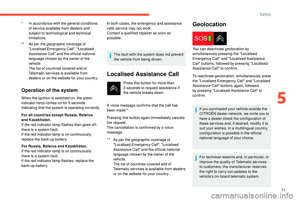 CITROEN C4 CACTUS 2017 Owners Manual 71
** As per the geographic coverage of "Localised Emergency Call", "Localised
Assistance Call" and the official national
language chosen by the owner of the
vehicle.
T
he l CITROEN C4 CACTUS 2017 Owners Manual 71
** As per the geographic coverage of "Localised Emergency Call", "Localised
Assistance Call" and the official national
language chosen by the owner of the
vehicle.
T
he l