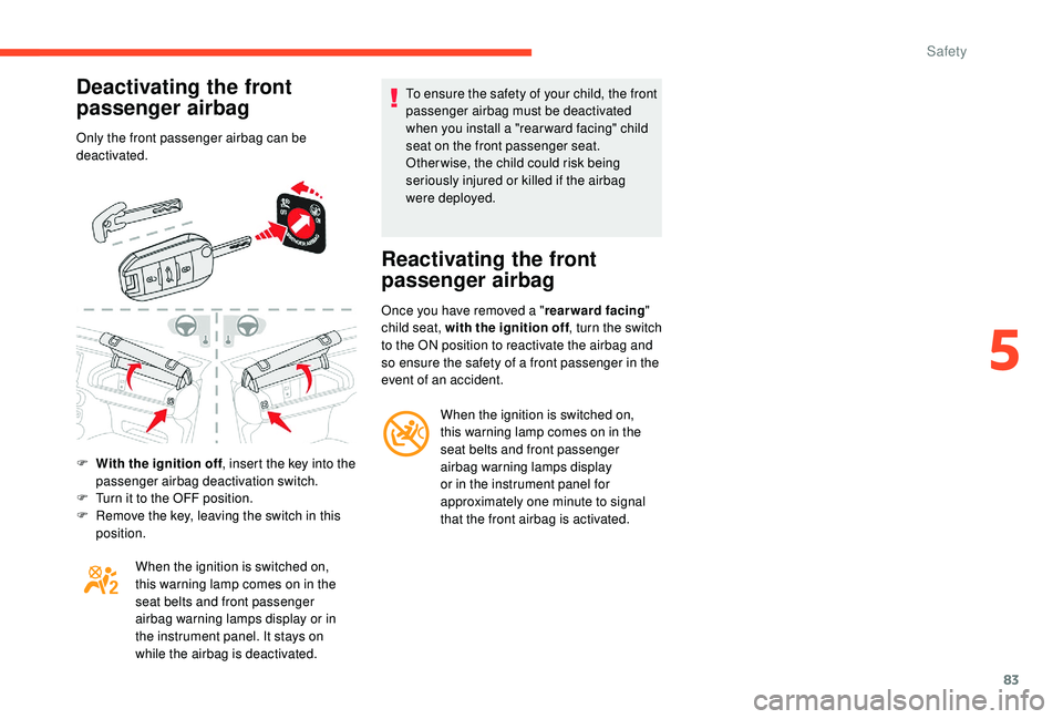 CITROEN C4 CACTUS 2017 Owners Manual 83
Deactivating the front 
passenger airbag
Only the front passenger airbag can be 
deactivated.
F 
W
 ith the ignition off , insert the key into the 
passenger airbag deactivation switch.
F
 
T
 urn 