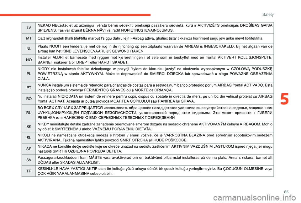 CITROEN C4 CACTUS 2017 Manual Online 85
LVNEK AD NEuzstādiet uz aizmuguri vērstu bērnu sēdeklīti priekšējā pasažiera sēdvietā, kurā ir AKTIVIZĒTS priekšējais DROŠĪBAS GAISA
SPILVENS. Tas var izraisīt BĒ CITROEN C4 CACTUS 2017 Manual Online 85
LVNEK AD NEuzstādiet uz aizmuguri vērstu bērnu sēdeklīti priekšējā pasažiera sēdvietā, kurā ir AKTIVIZĒTS priekšējais DROŠĪBAS GAISA
SPILVENS. Tas var izraisīt BĒ