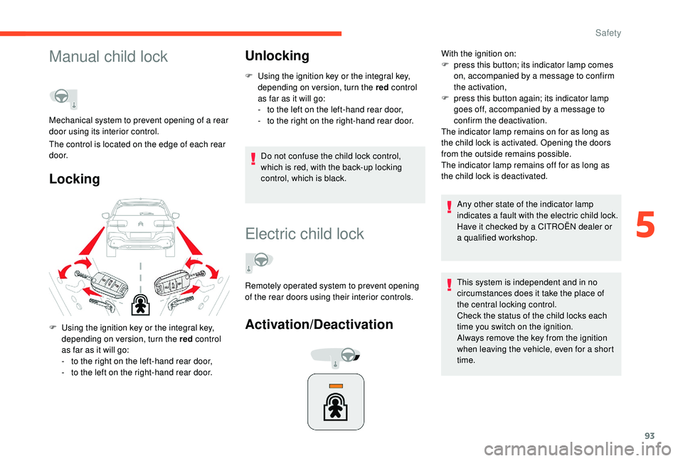CITROEN C4 CACTUS 2017 Owners Manual 93
Manual child lock
LockingUnlocking
F Using the ignition key or the integral key,
depending on version, turn the red control
as far as it will go:
-
t
o the left on the left-hand rear door,
-
CITROEN C4 CACTUS 2017 Owners Manual 93
Manual child lock
LockingUnlocking
F Using the ignition key or the integral key,
depending on version, turn the red control
as far as it will go:
-
t
o the left on the left-hand rear door,
-