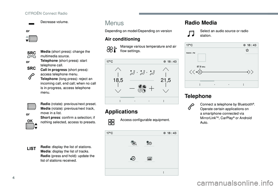 CITROEN C4 PICASSO 2022 Owners Manual 4
21,518,5
or Decrease volume.
or Media
(short press): change the
multimedia source.
Telephone (short press): start
telephone call.
Call in progress (short press):
access telephone menu.
Tele CITROEN C4 PICASSO 2022 Owners Manual 4
21,518,5
or Decrease volume.
or Media
(short press): change the
multimedia source.
Telephone (short press): start
telephone call.
Call in progress (short press):
access telephone menu.
Tele