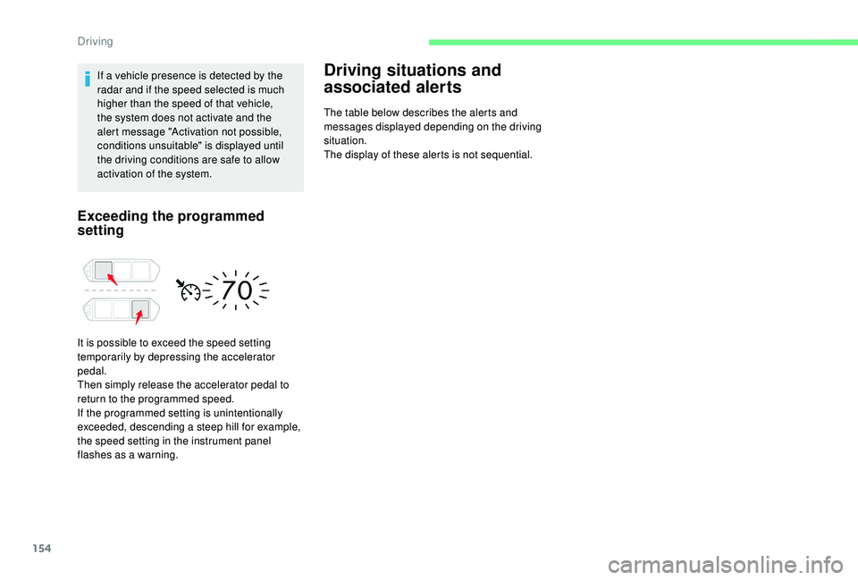 CITROEN C4 PICASSO 2020 Owners Manual 154
If a vehicle presence is detected by the
r adar and if the speed selected is much
higher than the speed of that vehicle,
the system does not activate and the
alert message "Activation not CITROEN C4 PICASSO 2020 Owners Manual 154
If a vehicle presence is detected by the
r adar and if the speed selected is much
higher than the speed of that vehicle,
the system does not activate and the
alert message "Activation not