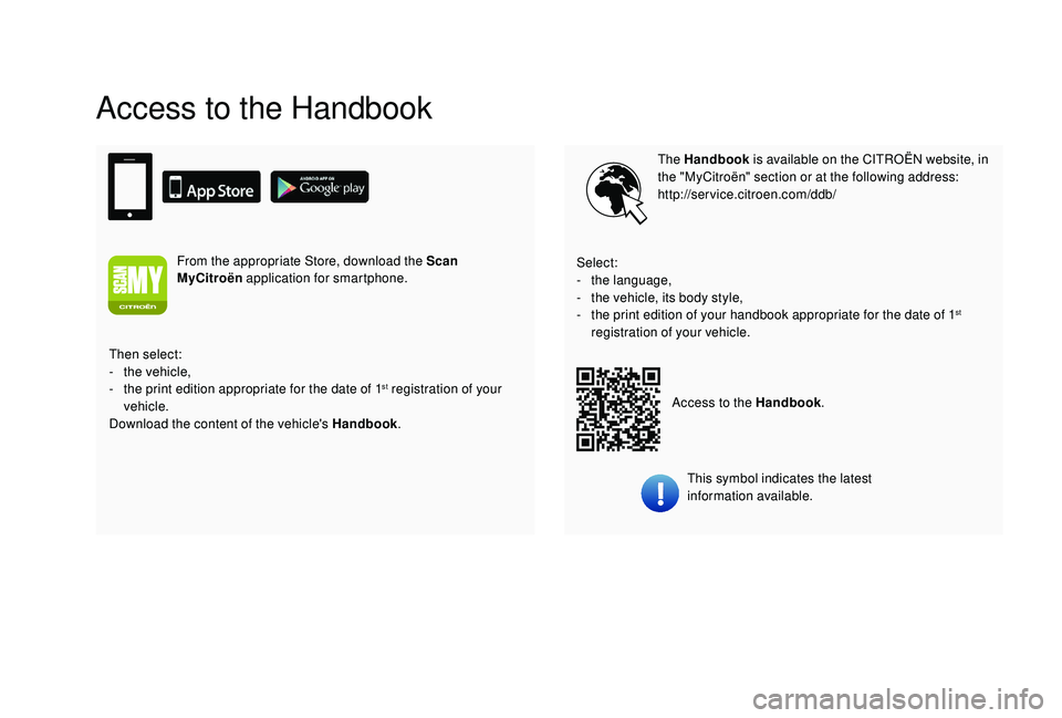 CITROEN C4 PICASSO 2019  Owners Manual Access to the Handbook
The Handbook is available on the CITROËN website, in 
the "MyCitroën" section or at the following address:
http://service.citroen.com/ddb/
This symbol indicates the la